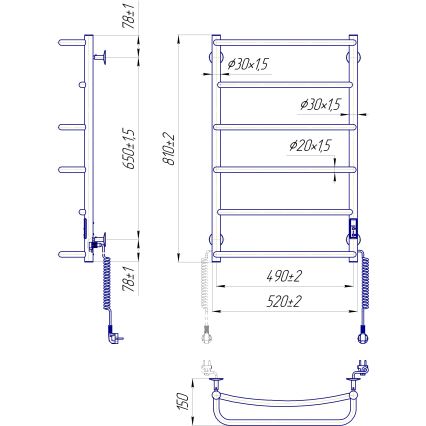 Kupaonski ljestvičasti radijator LUX 105W/230V 81x52 cm, nehrđajući čelik/antracit, desna