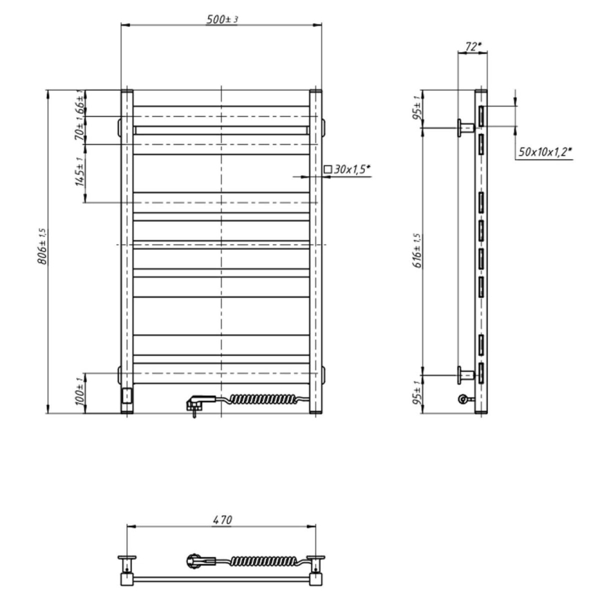 Kupaonski ljestvičasti radijator s termostatom LARGO 432W/230V 80,6 cm IP44 crni desni kvadratni