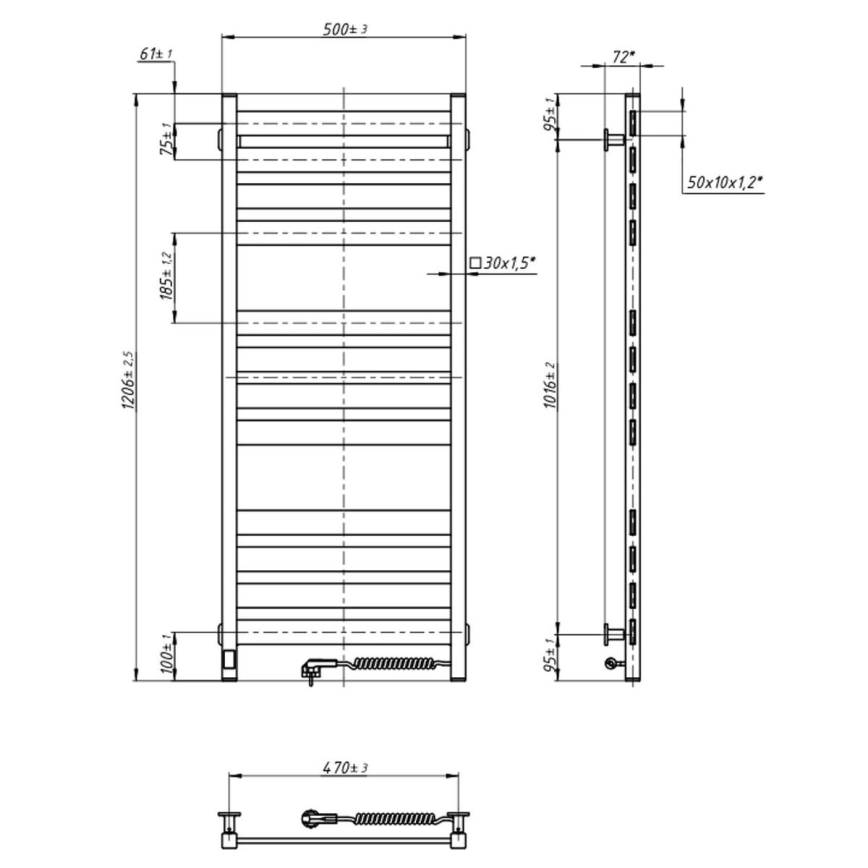 Kupaonski ljestvičasti radijator s termostatom LARGO 541W/230V 120,6 cm IP44, crni, desni, uglast
