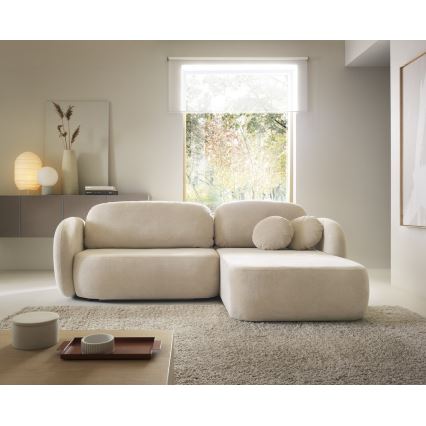 Kutna garnitura na razvlačenje OLBIA, desna, u obliku slova L, bež, s spremištem