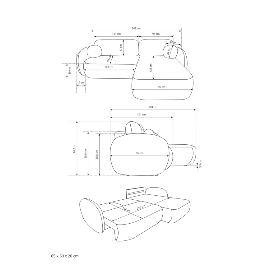 Kutna garnitura na razvlačenje OLBIA, desna, u obliku slova L, bež, s spremištem