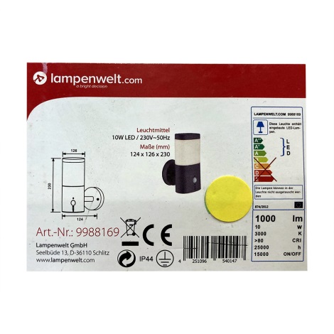Lampenwelt - LED Vanjska svjetiljka sa senzorom LED/10W/230V IP44