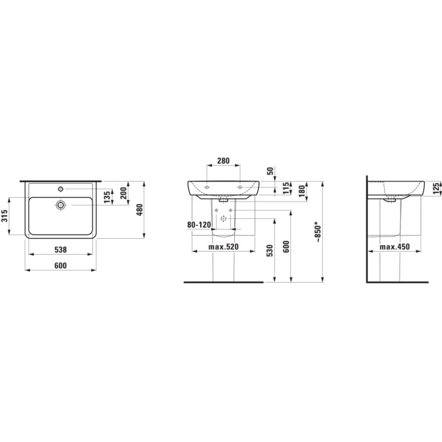 LAUFEN H8166120001311 - Kutni zidni umivaonik PRO 45x46 cm keramika/bijela