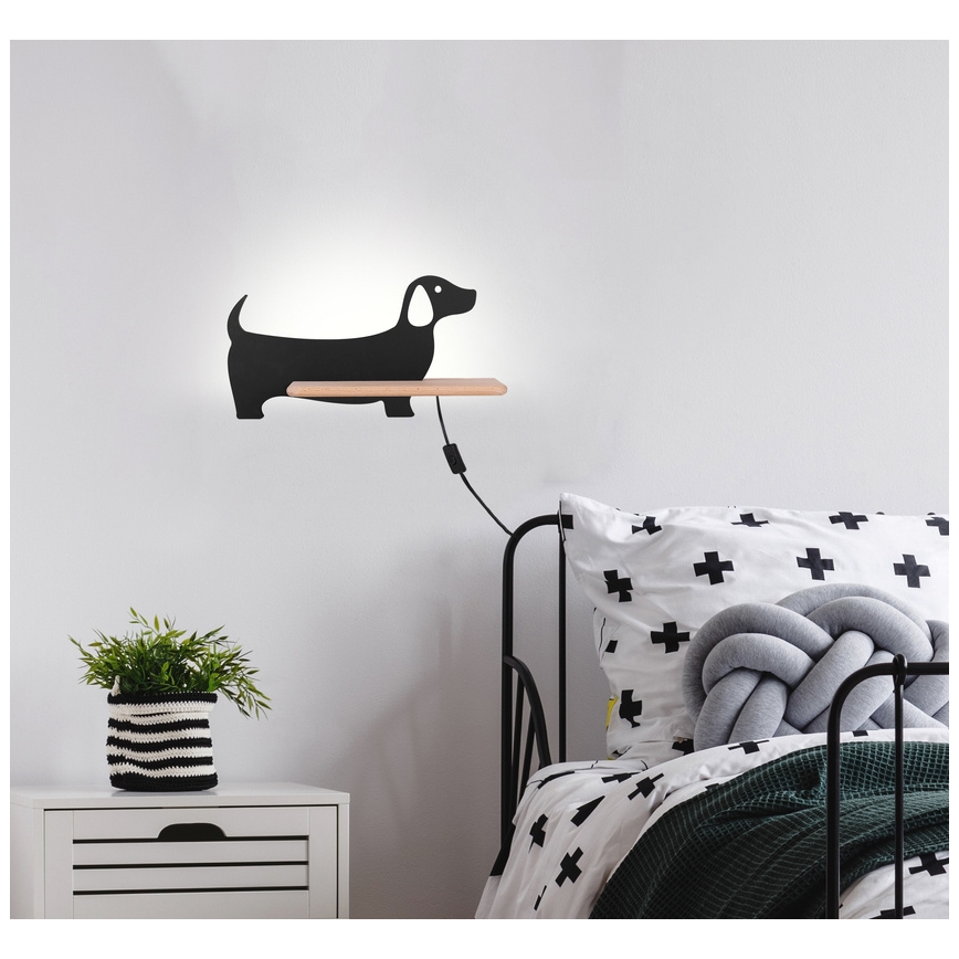 LED Dječja zidna svjetiljka s policom DOG LED/5W/230V crna/drvo