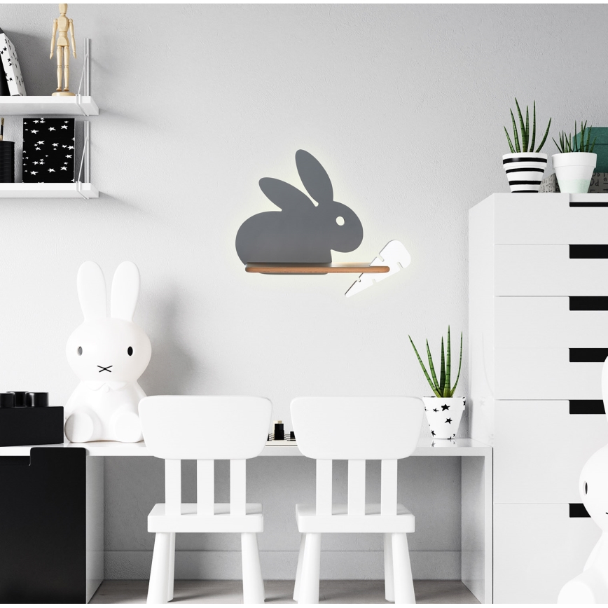 LED Dječja zidna svjetiljka s policom RABBIT LED/4W/230V siva/bijela/drvo
