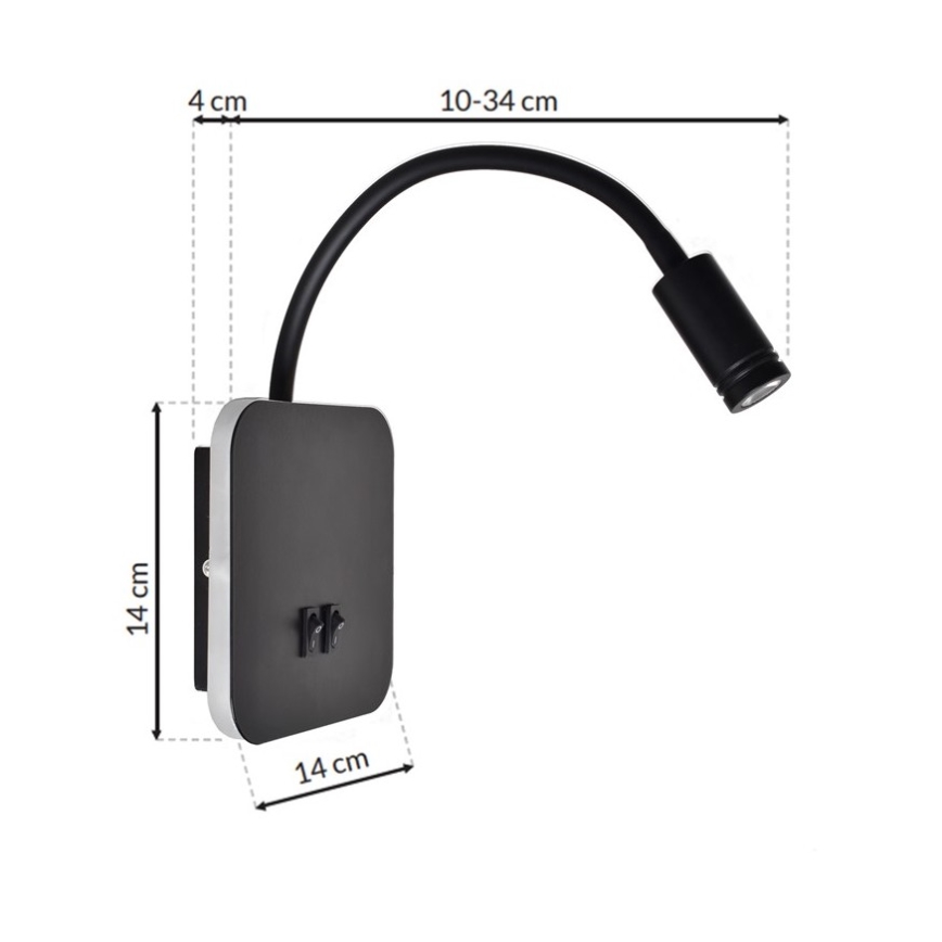 LED Fleksibilna zidna lampica BASE 1xLED/8W+1xLED/2W/230V crna/srebrna