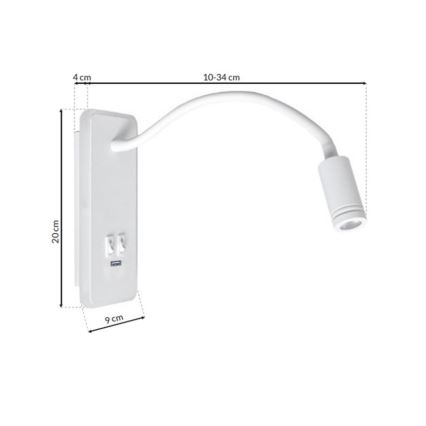 LED Fleksibilna zidna lampica s USB portom BASE 1xLED/8W+1xLED/2W/230V bijela