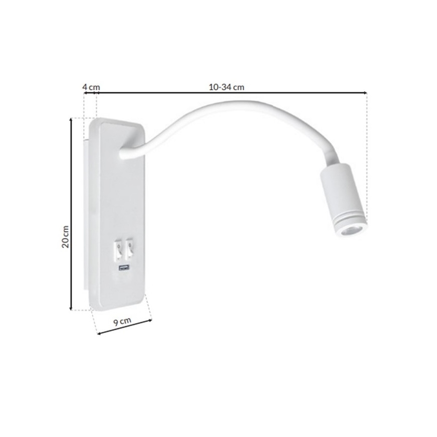 LED Fleksibilna zidna lampica s USB portom BASE 1xLED/8W+1xLED/2W/230V bijela