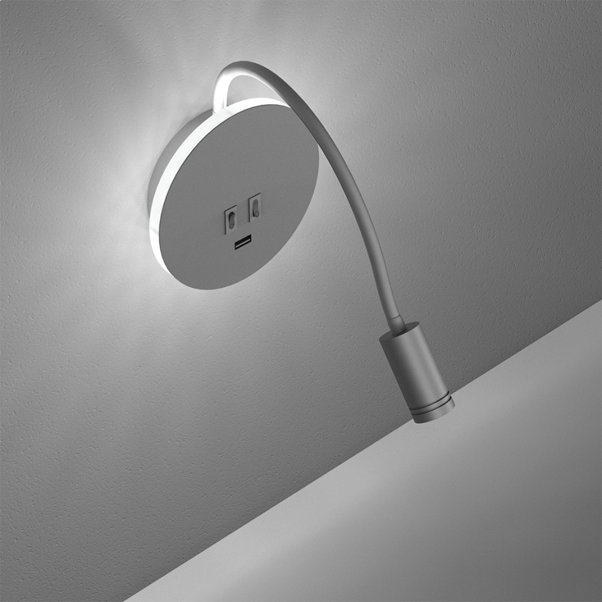 Fleksibilna zidna lampica s USB portom BASE 1xLED/8W+1xLED/2W/230V bijela/srebrna