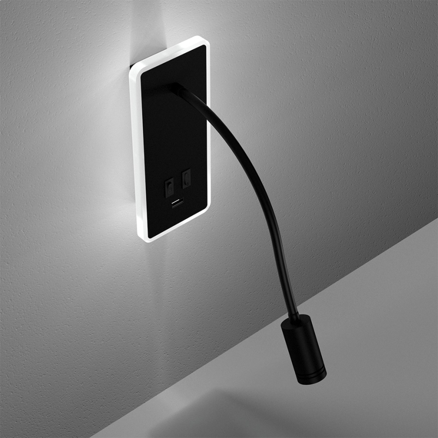LED Fleksibilna zidna lampica s USB portom BASE 1xLED/8W+1xLED/2W/230V crna