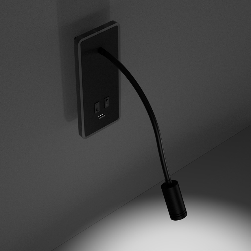LED Fleksibilna zidna lampica s USB portom BASE 1xLED/8W+1xLED/2W/230V crna