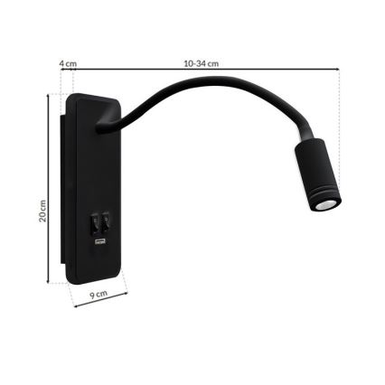 LED Fleksibilna zidna lampica s USB portom BASE 1xLED/8W+1xLED/2W/230V crna