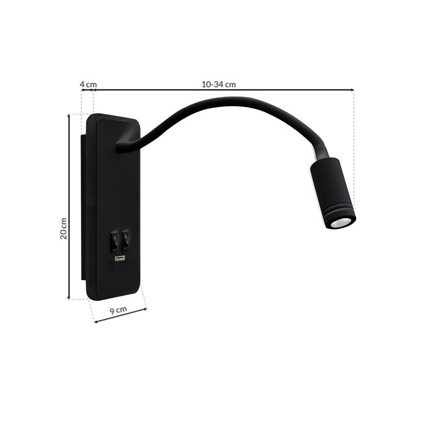 LED Fleksibilna zidna lampica s USB portom BASE 1xLED/8W+1xLED/2W/230V crna