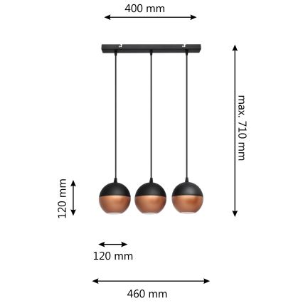 LED Luster na sajli MIDWAY 3xGU10/4,8W/230V crna/bakrena