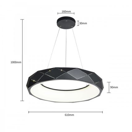 LED luster na sajli REUS LED/36W/230V 4000K promjer 61 cm crna