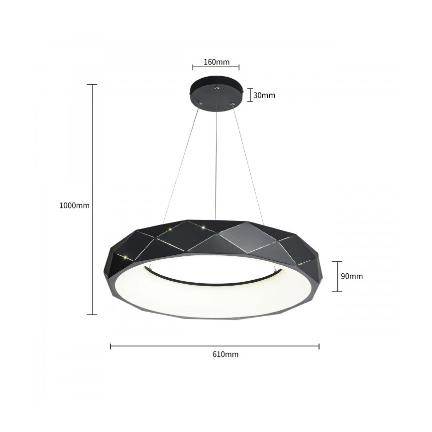 LED luster na sajli REUS LED/36W/230V 4000K promjer 61 cm crna