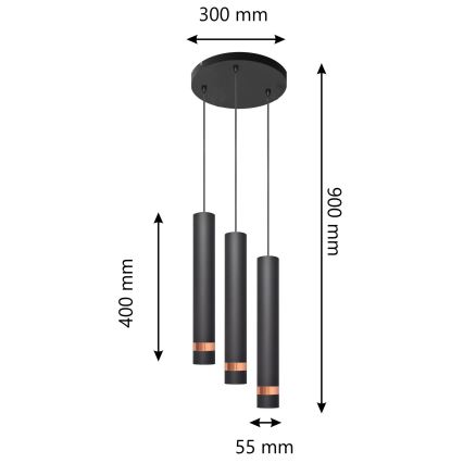 LED Luster na sajli TUBA 3xGU10/4,8W/230V crna/bakrena