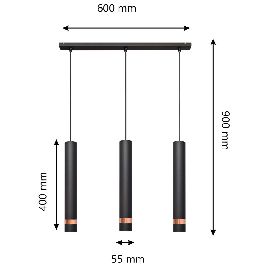 LED Luster na sajli TUBA 3xGU10/4,8W/230V crna/bakrena