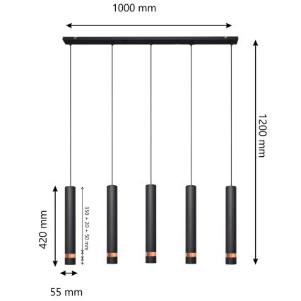 LED Luster na sajli TUBA 5xGU10/6,5W/230V crna/bakrena