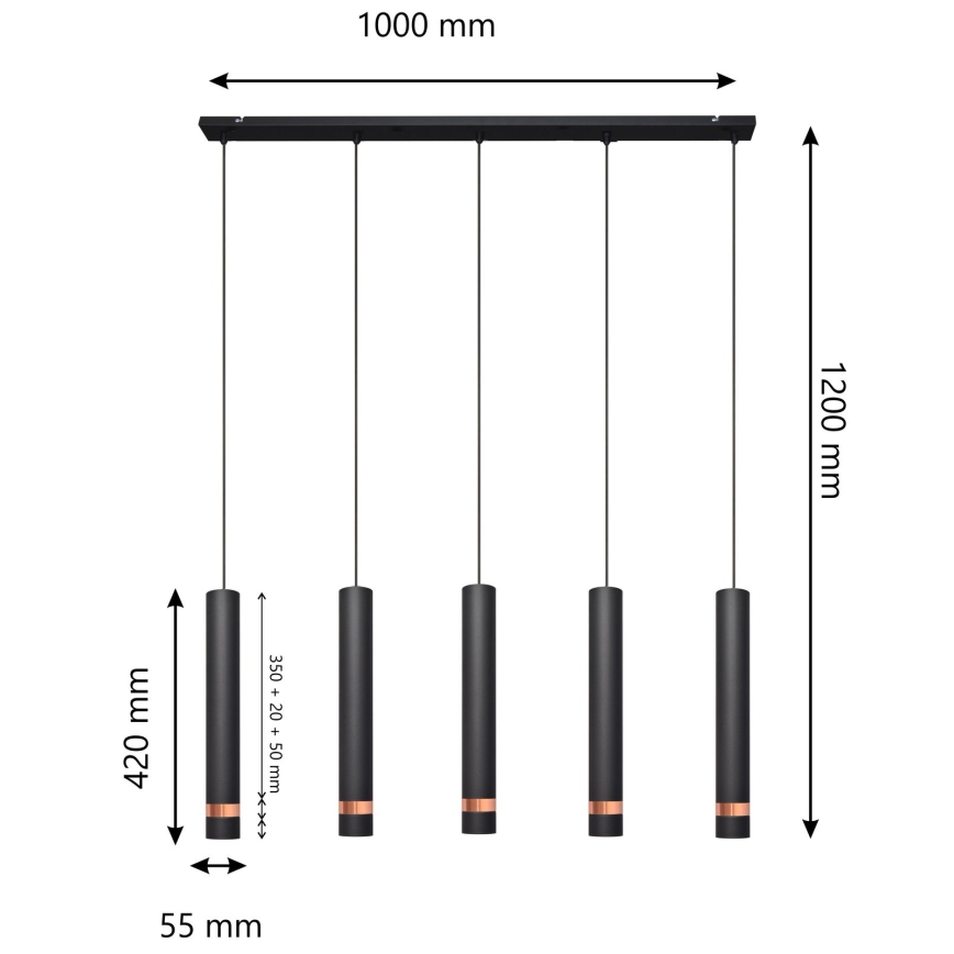LED Luster na sajli TUBA 5xGU10/6,5W/230V crna/bakrena