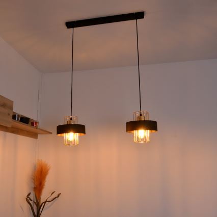 LED Luster na sajli VOLTA 2xE27/15W/230V crna/zlatna
