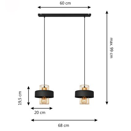 LED Luster na sajli VOLTA 2xE27/15W/230V crna/zlatna