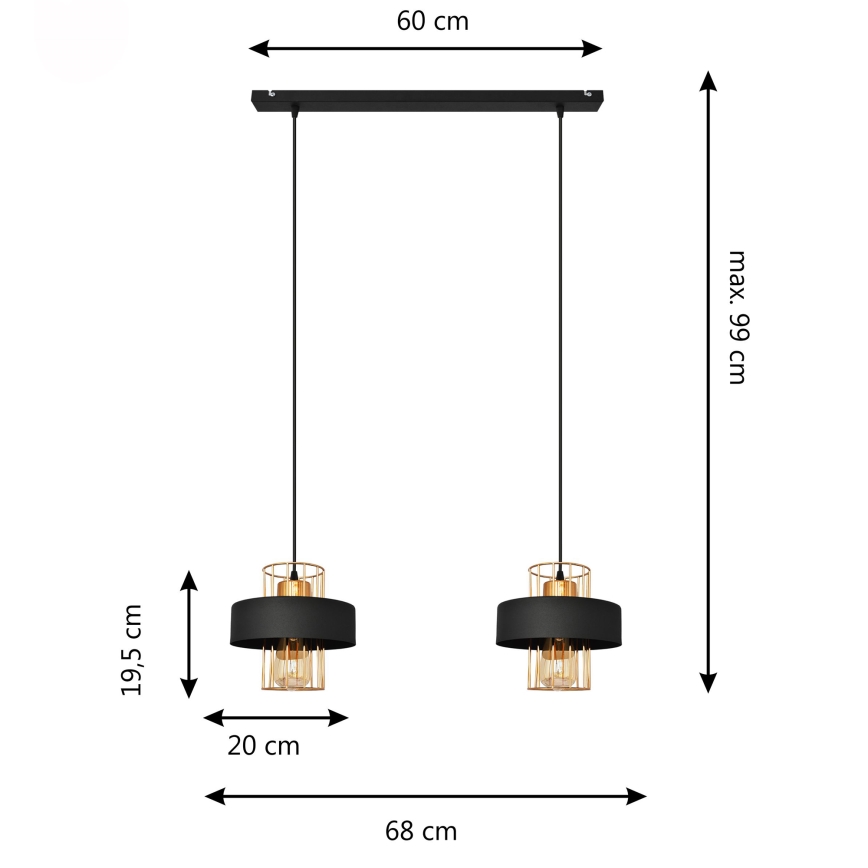 LED Luster na sajli VOLTA 2xE27/15W/230V crna/zlatna