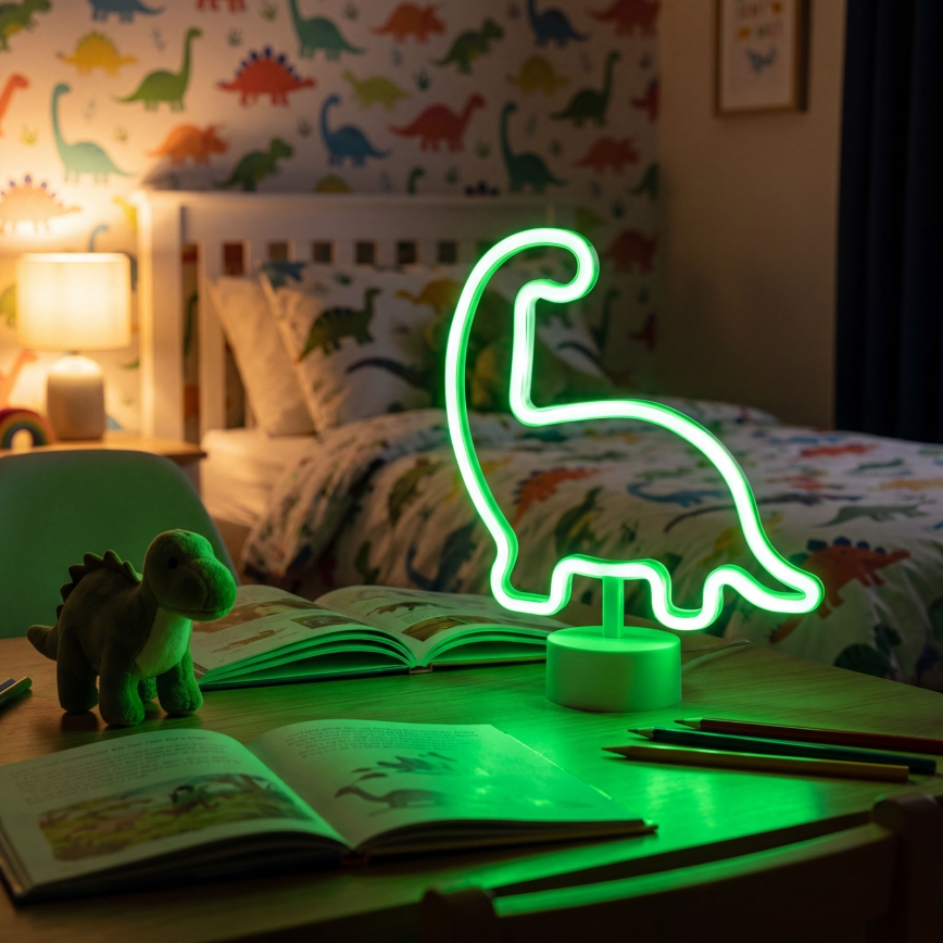 LED neon stolna dekoracija, 2 W, napajanje 3xAA ili putem USB-a — dinosaurus