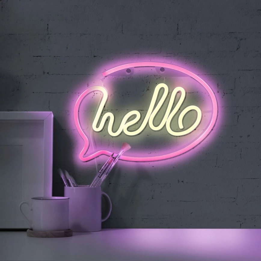 LED Neonska zidna dekoracija HELLO LED/3W/3xAA USB ružičasta