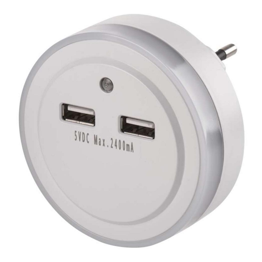 LED noćno svjetlo za utičnicu s fotosenzorom+2xUSB 3xLED/0,3W/230V