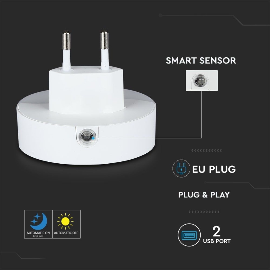 LED Noćno svjetlo za utičnicu sa senzorom za dan/noć 2xUSB LED/0,45W/230V 3000K
