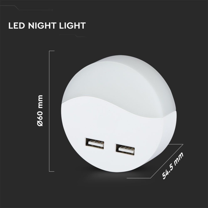 LED Noćno svjetlo za utičnicu sa senzorom za dan/noć 2xUSB LED/0,45W/230V 3000K