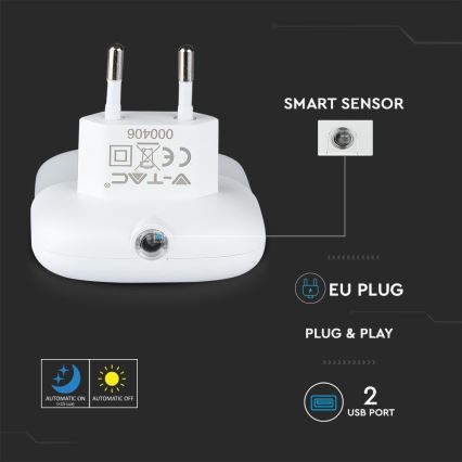 LED Noćno svjetlo za utičnicu sa senzorom za dan/noć 2xUSB LED/0,45W/230V 3000K