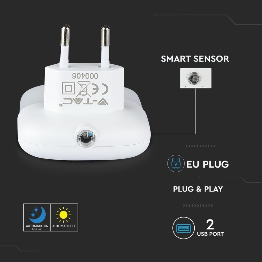 LED Noćno svjetlo za utičnicu sa senzorom za dan/noć 2xUSB LED/0,45W/230V 3000K