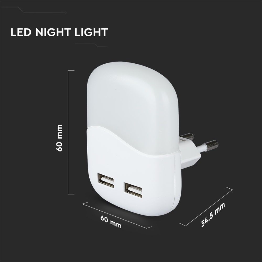 LED Noćno svjetlo za utičnicu sa senzorom za dan/noć 2xUSB LED/0,45W/230V 3000K