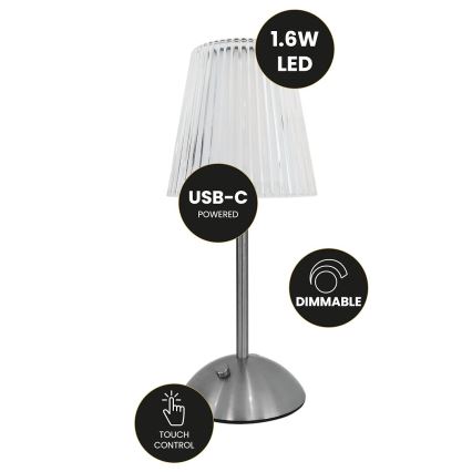 LED Prigušiva punjiva stolna lampa na dodir ELBA LED/1,6W/800 mAh mat krom/prozirna