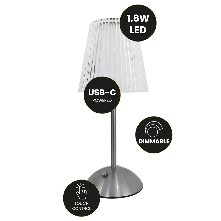 LED Prigušiva punjiva stolna lampa na dodir ELBA LED/1,6W/800 mAh mat krom/prozirna
