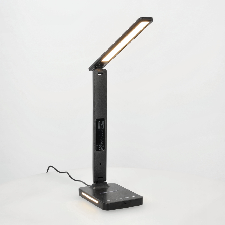 LED Prigušiva stolna lampa s QI bežičnim punjenjem, zaslonom i USB portom LED/7W/230V 3000-6000K crna