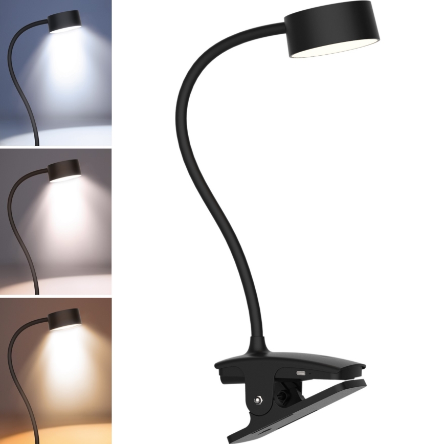 LED Prigušiva fleksibilna punjiva stolna lampa s kopčom LED/2W/1800 mAh 3000/4000/6500K crna