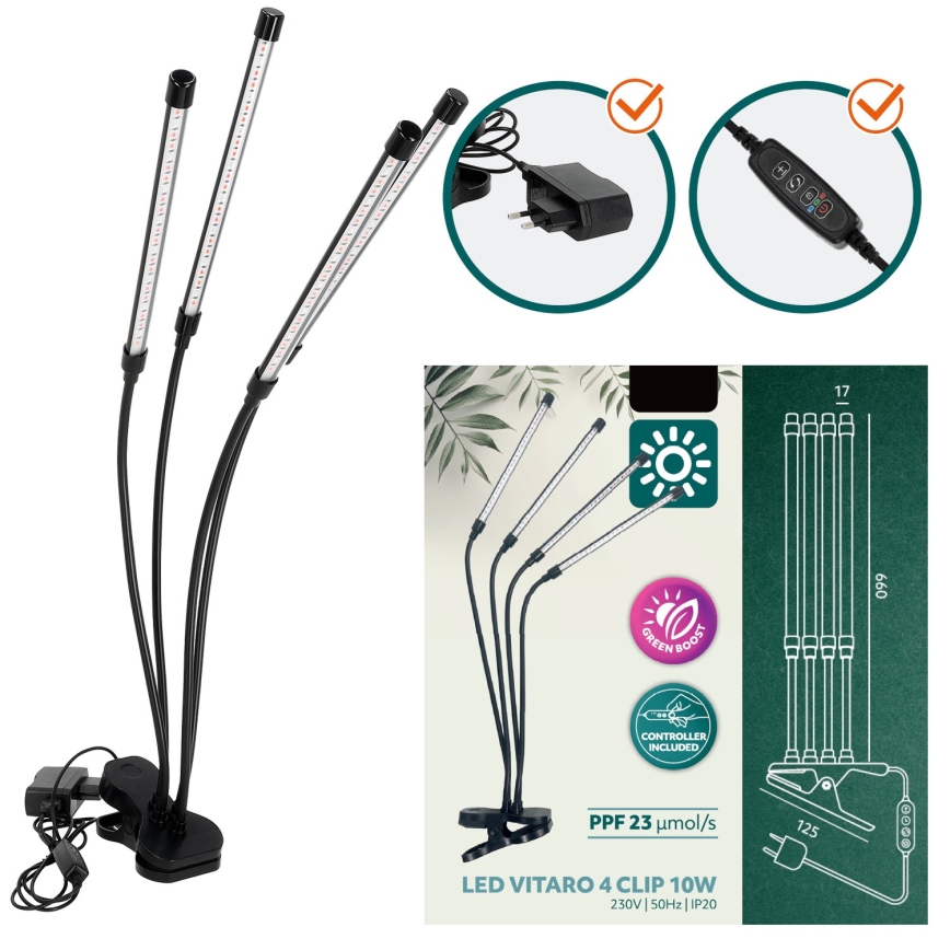 LED Prigušiva fleksibilna stolna lampa s kopčom za uzgoj biljaka VITARO 4xLED/10W/230V crna