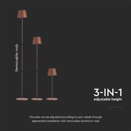 LED Prigušiva punjiva podna lampa 3u1 LED/4W/5V 4400 mAh 3000K IP54 smeđa