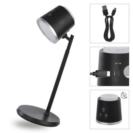 LED Prigušiva punjiva stolna lampa 4u1 LED/6W/3,7V 3000K/4000K/6500K 1500mAh crna