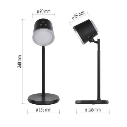 LED Prigušiva punjiva stolna lampa 4u1 LED/6W/3,7V 3000K/4000K/6500K 1500mAh crna