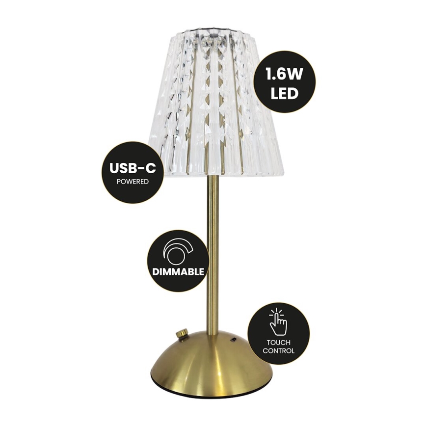 LED Prigušiva punjiva stolna lampa na dodir ELBA LED/1,6W/800 mAh 3000/4000/6000K zlatna/prozirna