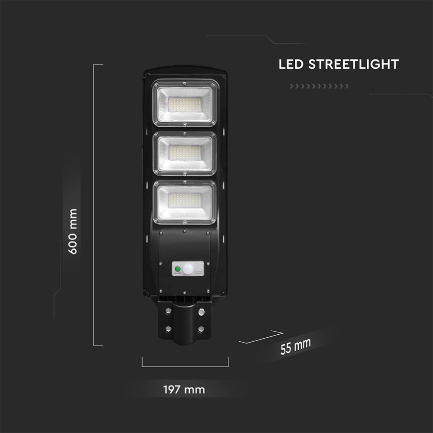 LED Prigušiva solarna ulična svjetiljka sa senzorom pokreta i dana/noći LED/12W/3,2V 6000K IP65 10000 mAh crna + daljinski upravljač