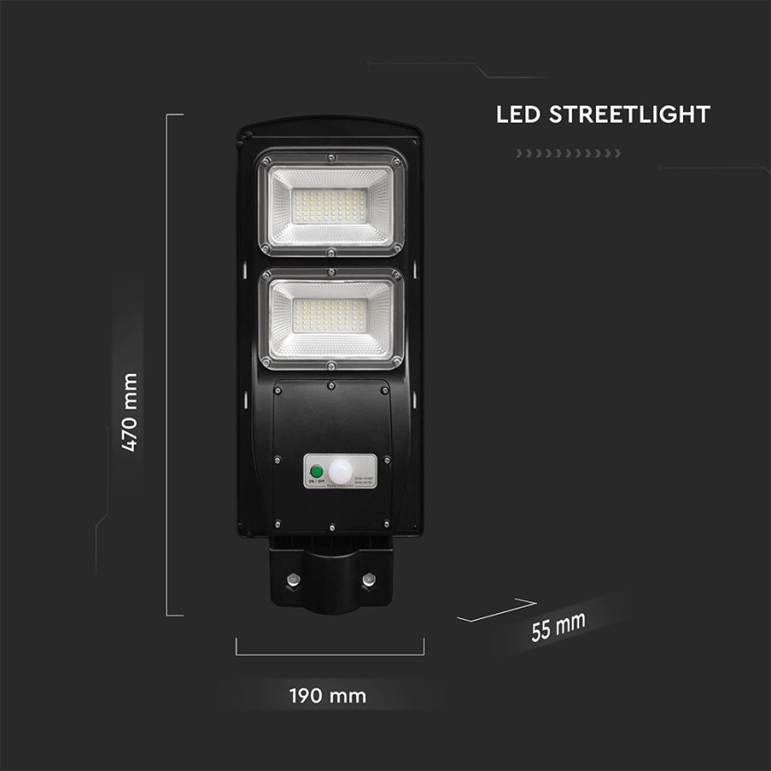 LED Prigušiva solarna ulična svjetiljka sa senzorom pokreta i dana/noći LED/8W/3,2V 6000K IP65 9000 mAh crna + daljinski upravljač