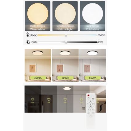 LED Prigušiva stropna svjetiljka LED/40W/230V 3000-6500K pr. 40 cm crna + daljinski upravljač