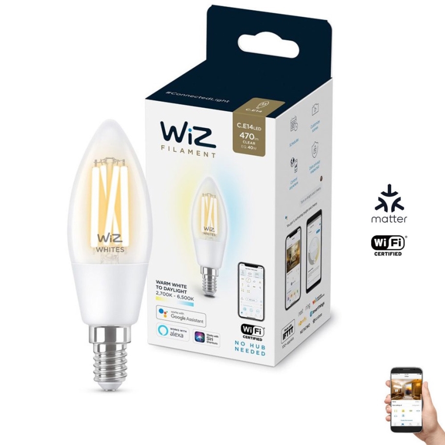 LED Prigušiva žarulja FILAMENT C35 E14/4,9W/230V 2700-6500K CRI 90 Wi-Fi - WiZ