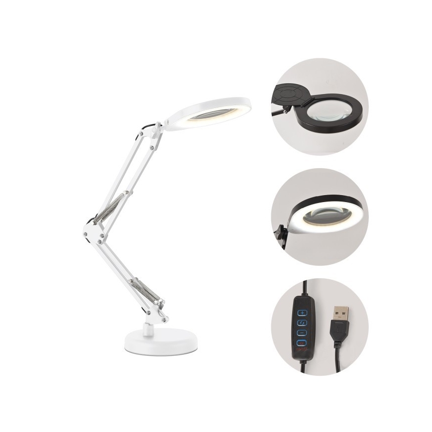 LED stolna svjetiljka s povećalom i podesivom svjetlinom 2 u 1 AURIQ LOUPE LED/10W/5V 3000/4000/6500K bijela