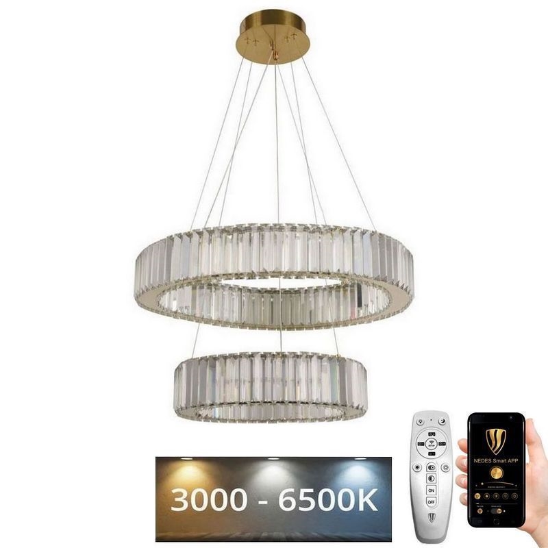 LED prigušivi kristalni luster na užetu LED/65W/230V 3000-6500K krom/zlato + daljinski upravljač
